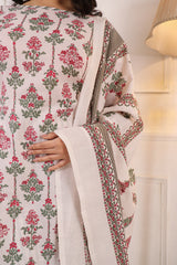 Floral Printed White Cotton Blend Straight Kurta with Trouser & Dupatta | Women’s Ethnic 3-Piece Set Malaysia | Festive & Casual Wear