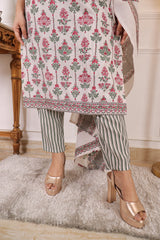 Floral Printed White Cotton Blend Straight Kurta with Trouser & Dupatta | Women’s Ethnic 3-Piece Set Malaysia | Festive & Casual Wear