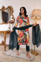 ✨ Premium Muslin Printed Embroidered Kurta Set with Trouser & Nazbin Crape Dupatta ✨