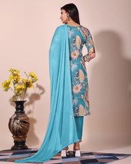 Sky blue floral printed kurta with pant duptta