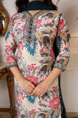 Designer Muslin Printed Embroidered Kurta Set with Chanderi Trouser & Nazbin Dupatta | Premium Party & Festive Wear Suit Malaysia