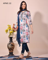 Designer Muslin Printed Embroidered Kurta Set with Chanderi Trouser & Nazbin Dupatta | Premium Party & Festive Wear Suit Malaysia