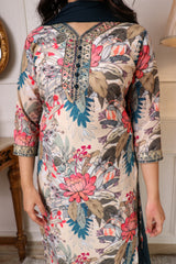 Designer Muslin Printed Embroidered Kurta Set with Chanderi Trouser & Nazbin Dupatta | Premium Party & Festive Wear Suit Malaysia