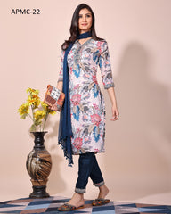 Designer Muslin Printed Embroidered Kurta Set with Chanderi Trouser & Nazbin Dupatta | Premium Party & Festive Wear Suit Malaysia