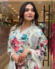 V-Neck Floral Printed kurta Set & Dupatta