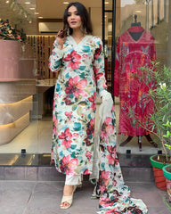 V-Neck Floral Printed kurta Set & Dupatta
