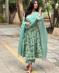 V-Neck Sky blue Cotton Anarkali Set with Chanderi Dupatta