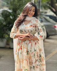 V-Neck White Cotton Anarkali Set with Chanderi Dupatta