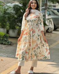 V-Neck White Cotton Anarkali Set with Chanderi Dupatta