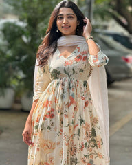 V-Neck White Cotton Anarkali Set with Chanderi Dupatta