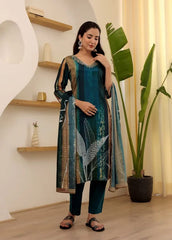 AALIYA BLUE COLOURED WOMEN'S SOFT RAYON SLUB KURTA WITH PANT DUPATTA SET