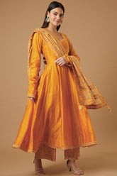 weetheart Neck Chanderi Cotton Anarkali Kurta with Printed Palazzos & Dupatta | Women’s Ethnic Set Malaysia | Festive & Party Wear