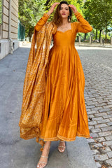 weetheart Neck Chanderi Cotton Anarkali Kurta with Printed Palazzos & Dupatta | Womenβs Ethnic Set Malaysia | Festive & Party Wear