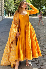 weetheart Neck Chanderi Cotton Anarkali Kurta with Printed Palazzos & Dupatta | Womenβs Ethnic Set Malaysia | Festive & Party Wear