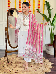 WHITE COLOURED Women Embroidered Chanderi Kurta set