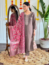 GREY COLOURED Women Embroidered Chanderi Kurta set