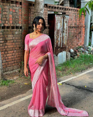 Baby Pink soft Linen cotton woven saree