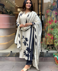 WHITE COLOURED Women Embroidered Chanderi Kurta set