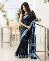 Black soft Linen cotton woven saree