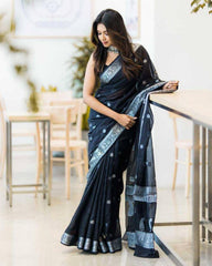 Black soft Linen cotton woven saree