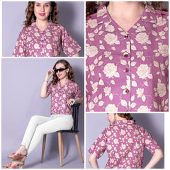 Pink Floral Printed Short-Sleeve Tunic for Women – Cotton Blend Casual Top | Stylish Daily & Office Wear Malaysia 2025