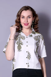 White Printed Short-Sleeve Tunic for Women – Cotton Blend Casual Top | Stylish Daily & Office Wear Malaysia 2025 (C-13)