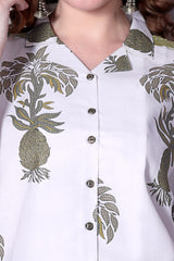 White Printed Short-Sleeve Tunic for Women – Cotton Blend Casual Top | Stylish Daily & Office Wear Malaysia 2025 (C-13)