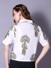 White Printed Short-Sleeve Tunic for Women – Cotton Blend Casual Top | Stylish Daily & Office Wear Malaysia 2025 (C-13)