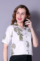White Printed Short-Sleeve Tunic for Women – Cotton Blend Casual Top | Stylish Daily & Office Wear Malaysia 2025 (C-13)