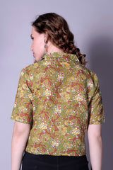 Women’s Olive Green Floral Printed Cotton Crop Shirt – Stylish Short Sleeve Casual Wear | Trendy Summer Fashion Malaysia 2025 (C-15)