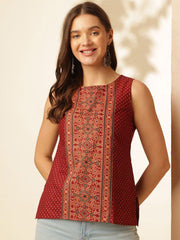 ouk Womenβs Maroon Printed Sleeveless Cotton Silk Top β Stylish Boat Neck Casual Wear | Summer Fashion Malaysia 2025 (C18)