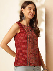 ouk Womenβs Maroon Printed Sleeveless Cotton Silk Top β Stylish Boat Neck Casual Wear | Summer Fashion Malaysia 2025 (C18)