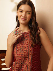 ouk Womenβs Maroon Printed Sleeveless Cotton Silk Top β Stylish Boat Neck Casual Wear | Summer Fashion Malaysia 2025 (C18)