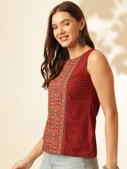 ouk Womenβs Maroon Printed Sleeveless Cotton Silk Top β Stylish Boat Neck Casual Wear | Summer Fashion Malaysia 2025 (C18)