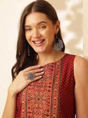 ouk Womenβs Maroon Printed Sleeveless Cotton Silk Top β Stylish Boat Neck Casual Wear | Summer Fashion Malaysia 2025 (C18)