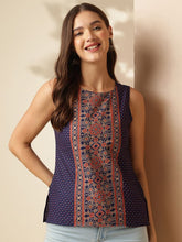 Women’s Navy Blue Ethnic Printed Sleeveless Cotton Top – Stylish Boat Neck Regular Fit | Casual & Office Wear Malaysia 2025