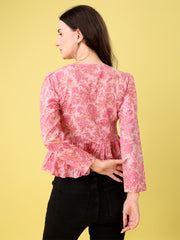 Pink Printed Bell-Sleeve Tunic for Women – Cotton Blend Long Sleeve Top | Stylish Casual & Office Wear Malaysia 2025