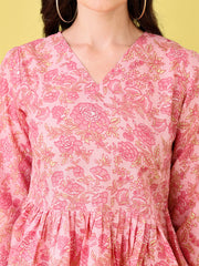 Pink Printed Bell-Sleeve Tunic for Women – Cotton Blend Long Sleeve Top | Stylish Casual & Office Wear Malaysia 2025