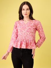 Pink Printed Bell-Sleeve Tunic for Women – Cotton Blend Long Sleeve Top | Stylish Casual & Office Wear Malaysia 2025