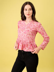 Pink Printed Bell-Sleeve Tunic for Women – Cotton Blend Long Sleeve Top | Stylish Casual & Office Wear Malaysia 2025