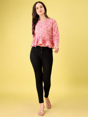 Pink Printed Bell-Sleeve Tunic for Women – Cotton Blend Long Sleeve Top | Stylish Casual & Office Wear Malaysia 2025