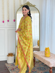 YELLOW COLOURED WOMEN VISCOSE CHANDERI KURTA SET