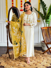 WHITE COLOURED WOMEN EMBROIDERY WORK KURTA SET