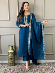 EMLY BLUE COLOURED WOMEN VISCOSE CHANDERI KURTA SET