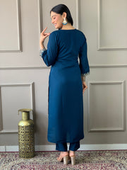 EMLY BLUE COLOURED WOMEN VISCOSE CHANDERI KURTA SET