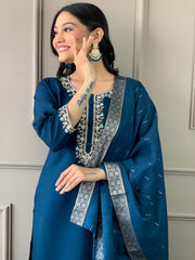 EMLY BLUE COLOURED WOMEN VISCOSE CHANDERI KURTA SET