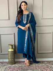 EMLY BLUE COLOURED WOMEN VISCOSE CHANDERI KURTA SET