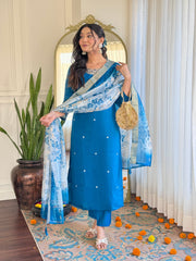 Women's BLUE Roman silk Embroidered Straight Kurta with pant and dupatta setS