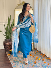 Women's BLUE Roman silk Embroidered Straight Kurta with pant and dupatta setS