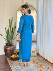 Women's BLUE Roman silk Embroidered Straight Kurta with pant and dupatta setS